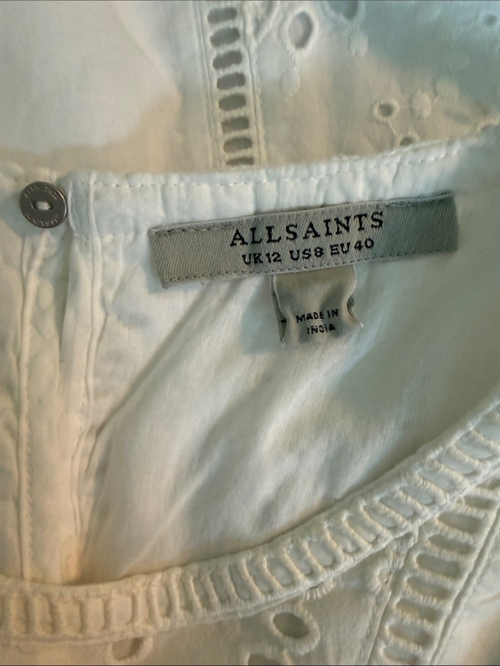 AllSaints Organic Cotton Eyelet Embroidered White Lined Dress US 8 NWOT - Picture 7 of 11
